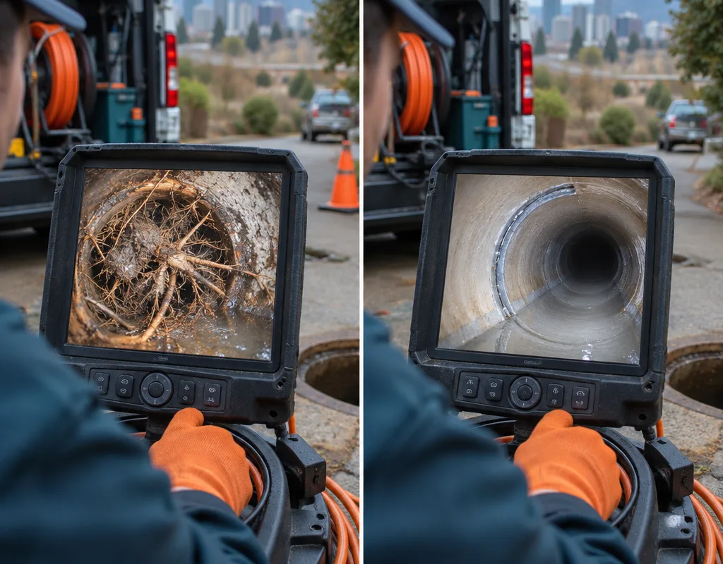 Before and after views of a sewer pipe, first full of roots and then clear