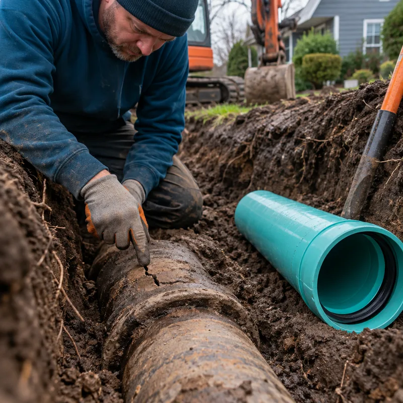Technician in a trench beside a cracked old sewer pipe with new pipe ready to install