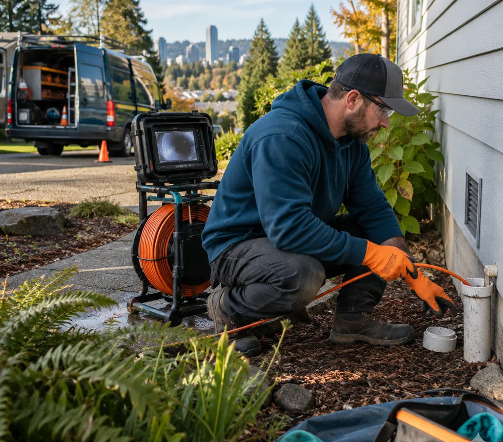 Technician setting up equipment at an exterior cleanout beside a house