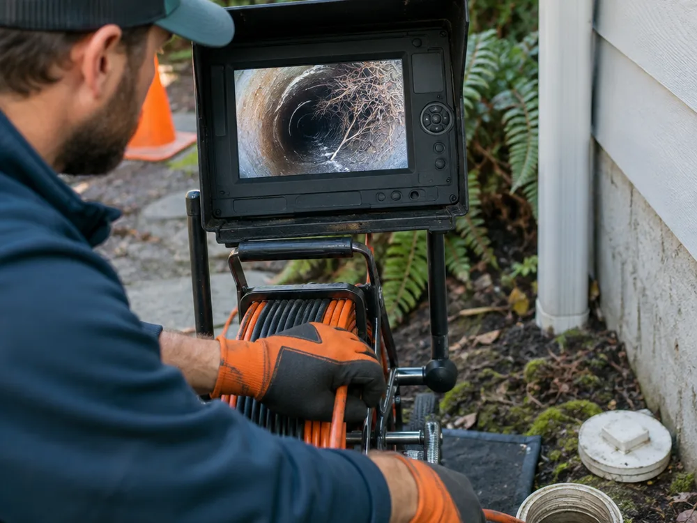 Inspection monitor showing root intrusion while a technician runs the reel