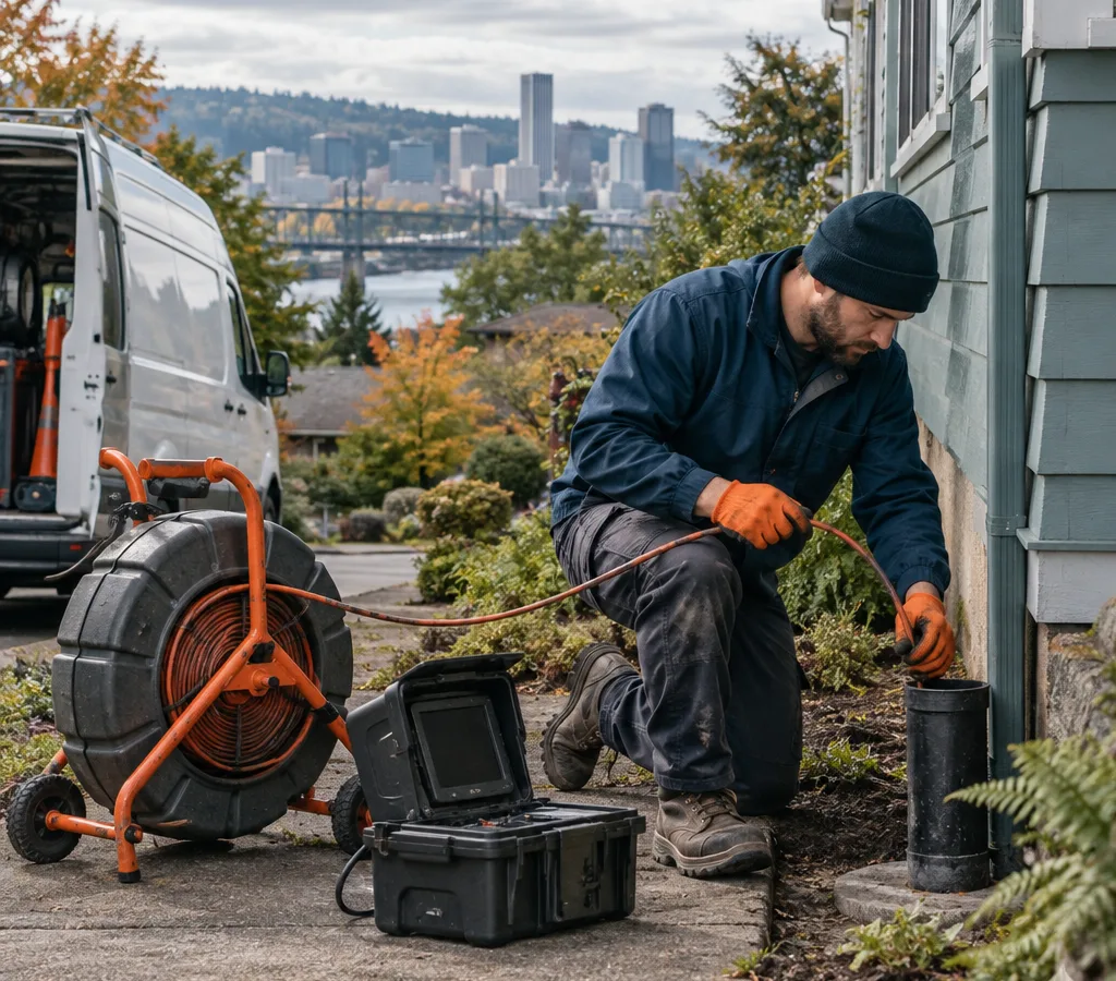 Sewer technician setting up equipment at a home cleanout with the city skyline behind