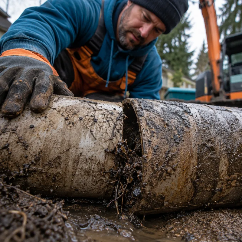 Technician kneeling beside a section of deteriorated sewer pipe in an open trench