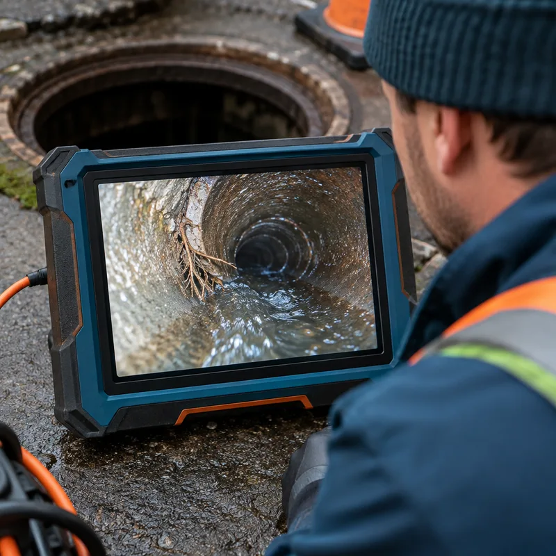 Technician checking an inspection monitor beside an open cleanout