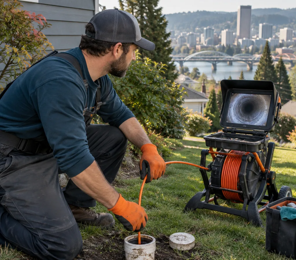 Technician feeding a sewer camera into a cleanout on a residential lawn
