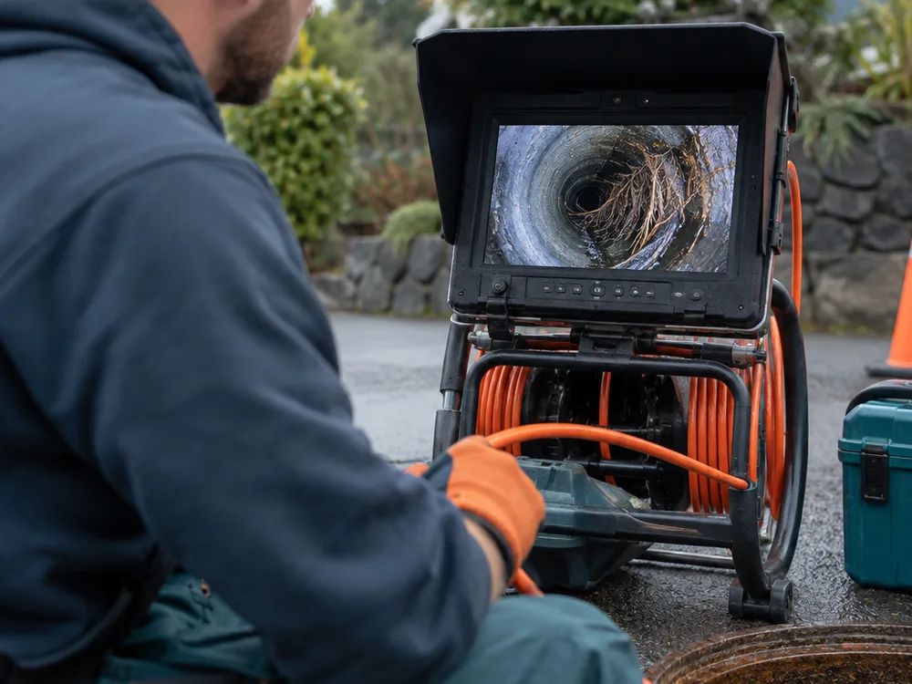 Close view of a sewer camera monitor showing the inside of a pipe during an inspection