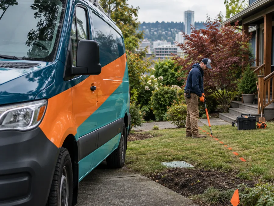 Sewer service van parked at a home while a technician marks the line path across the lawn