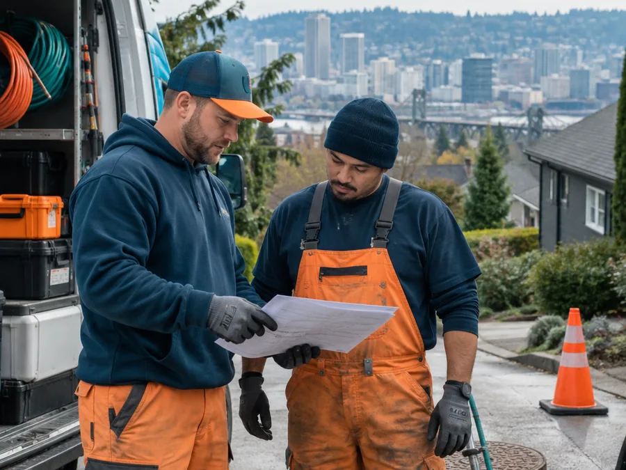Two sewer technicians reviewing a repair plan beside a work van